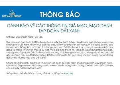 Cảnh báo về các thông tin giả mạo, mạo danh Tập đoàn Đất Xanh