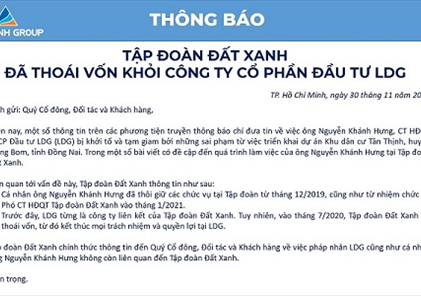 Thông báo về việc Đất Xanh đã thoái vốn khỏi CTCP Đầu tư LDG từ tháng 7/2020